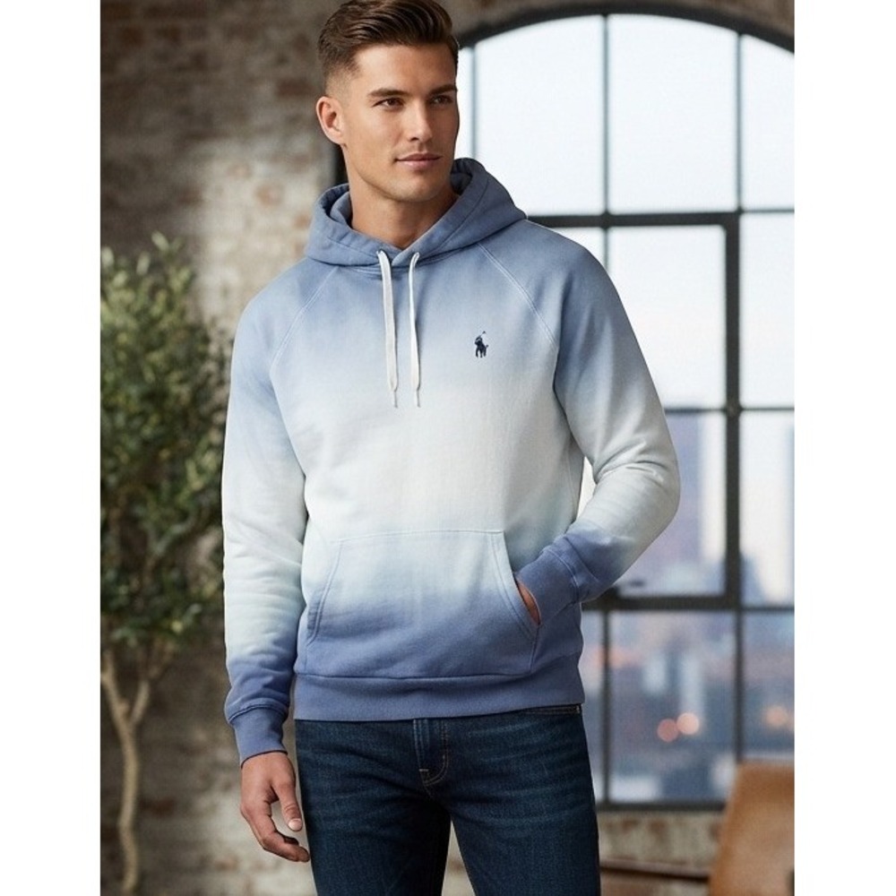 Polo Ralph Lauren Hoodie Ombre Dip Dye Men's M Blue Cotton Pullover Pony Logo